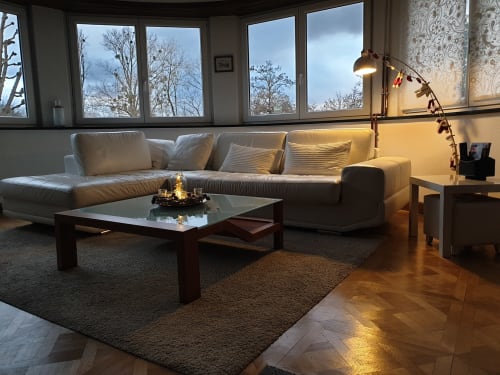 Salon moderne à La Tour De L'ill Strasbourg avec canapé d'angle, table basse en verre et baies vitrées panoramiques