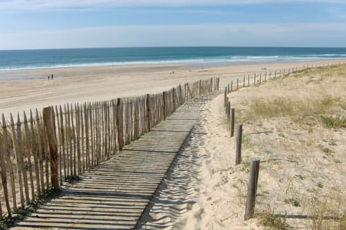 Clôture en bois et promenade menant à la plage de sable à Côte Et Dune, Biscarrosse Plage