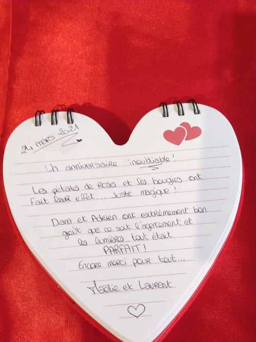Note cœur à L'Insolite Spa Privatif Toulouse avec message anniversaire manuscrit et cœurs roses