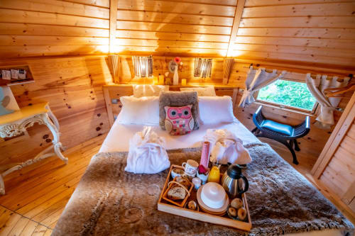 chalet kota finlandais, chambres d'hôtes le bassin du tertre, jacuzzi privatif, terrasse chambre d'hôtes, chalet bois, sans vis à vis, plateau d'hôtes pour 2, petits déjeuners servi au chalet, fronsac, gironde, proche Saint emilion, Libourne, Bordeaux