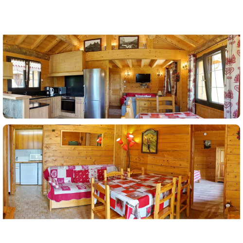 Intérieur du chalet La Louvière avec décor bois alpin, cuisine, salle à manger et chambres accueillantes avec vue sur les montagnes