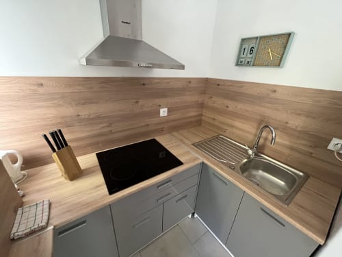 Kitchenette moderne à la Mini Villa du Maquis Plage avec dosseret en bois, plaque à induction, évier et inox