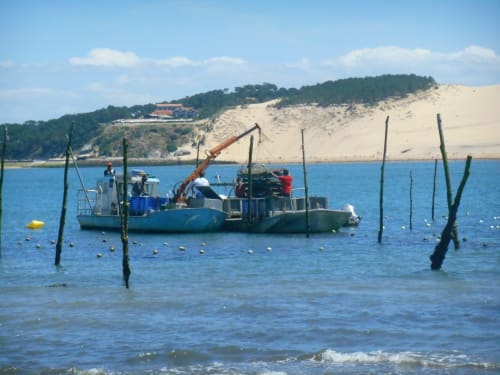 Bateau de pêche amarré dans les eaux bleues près de Biscarrosse Plage, avec dunes de sable et pins en arrière-plan
