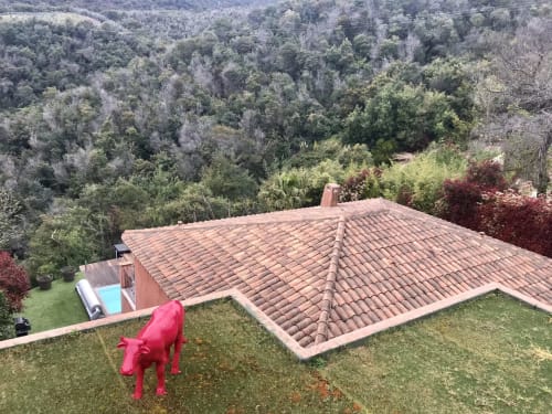 Statue de chien rose sur la pelouse dominant le toit en tuiles terracotta de la Villa Colina et le paysage forestier à Mandelieu-la-Napoule