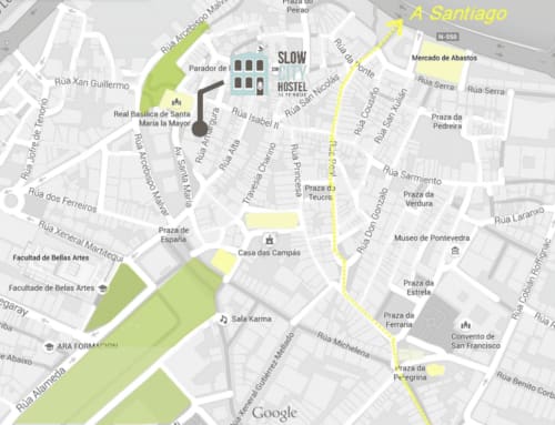 Esquema plano localización del Slow City Hostel en el casco Histórico de Pontevedra