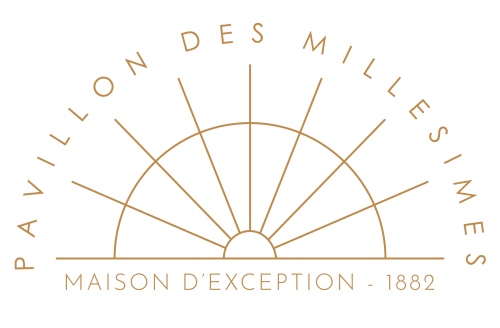 Logo minimaliste Pavillon Des Millésimes avec rayons de soleil levant et texte patrimoine 1882 pour gîte de charme Lussac
