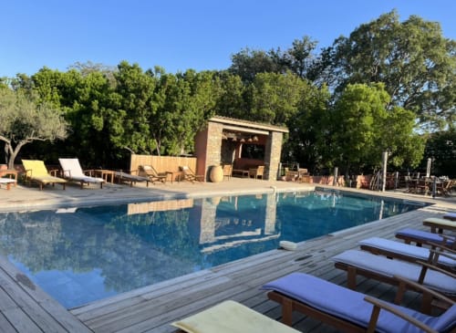 Piscina Le Maquis Plage con lettini, padiglione in pietra e alberi mediterranei a Poggio-Mezzana