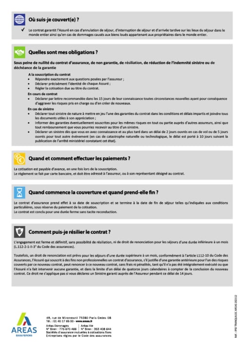 AREAS insurance travel coverage information document in French