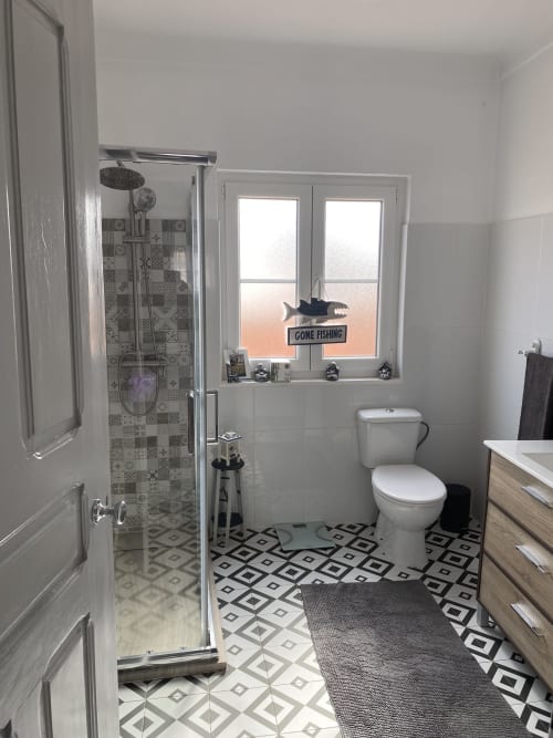 Modern bathroom with patterned floor tiles, toilet, shower enclosure with decorative wall tiles, window with fishing