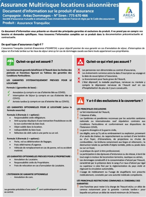 Assurance Tranquiloc seasonal rental coverage document by Aréas insurance for vacation properties