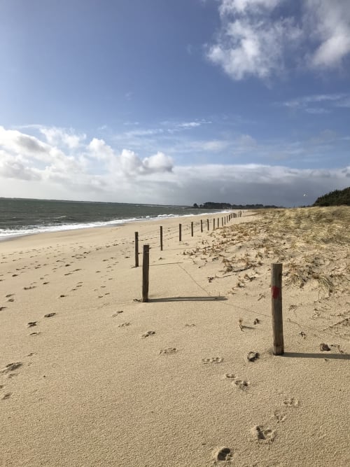 Plage de sable avec poteaux en bois et empreintes, mer et dunes aux Gîtes De L'odet, Clohars-Fouesnant