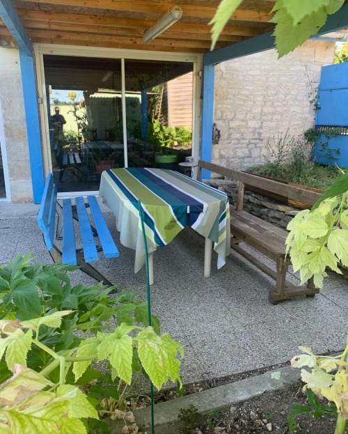 Terrasse ombragée et abritée de la maison d'hôtes La Chabanaise en Marais Poitevin : bancs bleus et nappe colorée pour profiter du petit-déjeuner ou d'un repas en plein air au jardin.