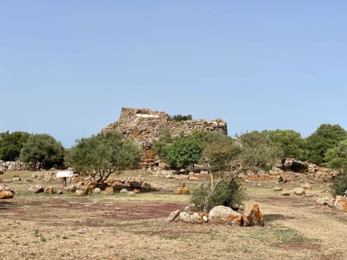 Antiche rovine di pietra circondate da ulivi nel paesaggio mediterraneo vicino a Torre Grande, Oristano