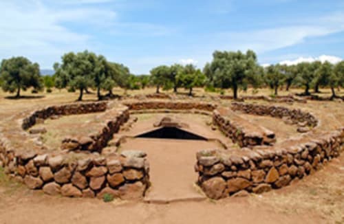 Antiguas ruinas circulares de piedra con olivares en la campiña de Torre Grande Oristano