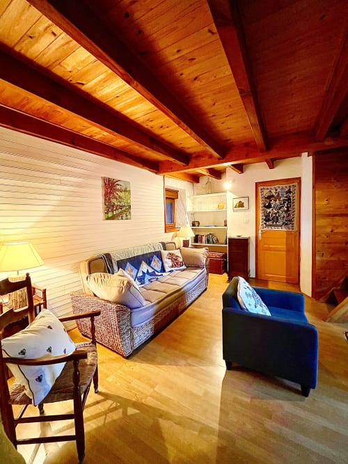 Salon - plaid - poêle à bois - ours - canapé lit - maisonnette 