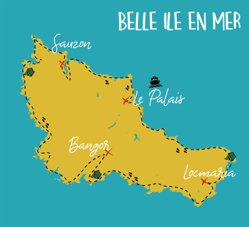 Carte de Belle Île en Mer montrant les localités de Locmaria, Bangor, Sauzon et le Palais en France