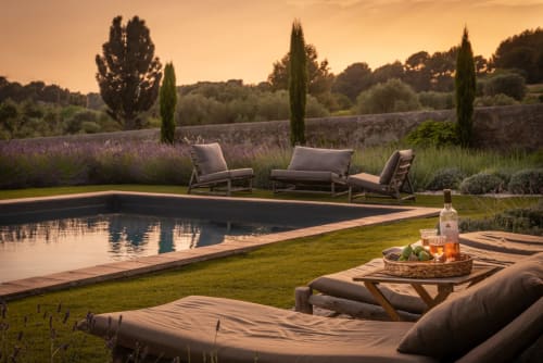 Saint Martin B&B Ollioules pool terrace at sunset with lavender fields, loungers, and Provence landscape