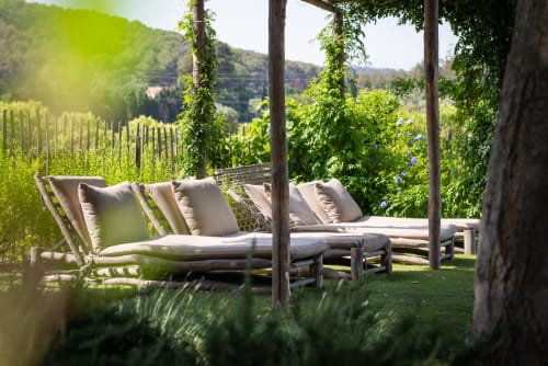 Vineyard loungers at Saint Martin B&B Ollioules with ivy-covered pergola and rolling French countryside views