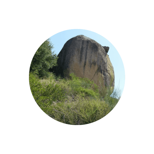 Large granite boulder surrounded by green vegetation at Casa das Jardas rural hotel in Ladoeiro, Portugal