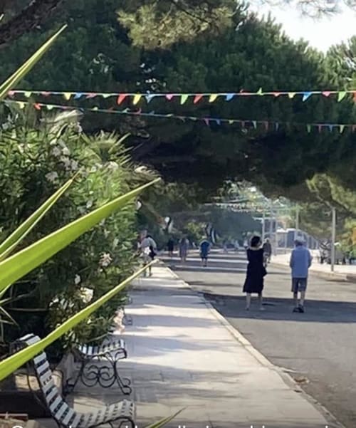 Vista soleggiata della strada Al Mare & Acquamarina con festoni colorati, piante rigogliose e ospiti che passeggiano a Torre Grande Oristano
