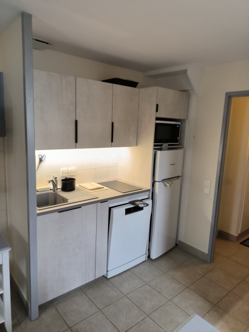 Kitchenette moderne dans un appartement de Belle Île, avec électroménagers en acier inoxydable et éclairage sous les armoires