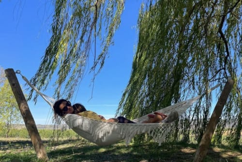 Hóspedes relaxando em rede sob salgueiros-chorões na Casa das Jardas, retiro rural em Ladoeiro, Portugal