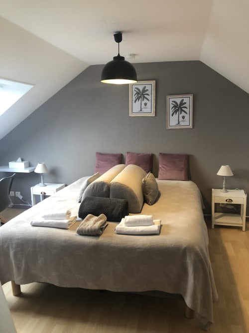 Chambre à la Résidence Le Roc Fleuri à Saint-Malo avec lit, suspension noire, décor végétal et ambiance nautique.