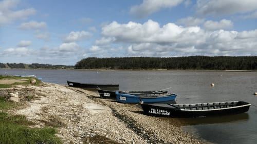 Three fishing boats moored on gravelly shore with forest and sky in Óbidos, Portugal