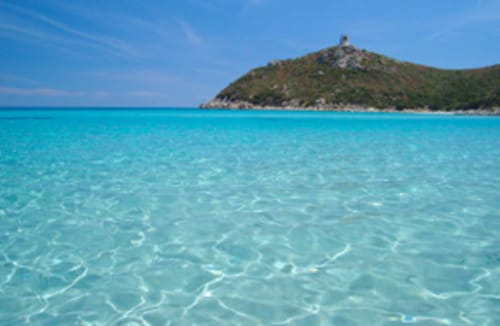 Acque cristalline turchesi e isola lussureggiante vicino a Torre Grande Oristano, Sardegna