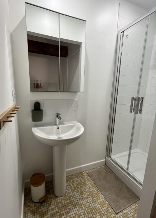 Salle de bain moderne du gîte Le Gite Moderne à Dunkerque avec lavabo sur pied, miroir-armoire et douche vitrée