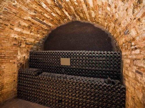 Wine cellar with stacked bottles at Château De La Malmaison, Aÿ-Champagne