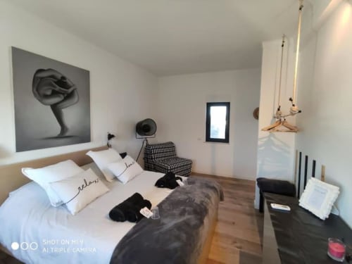 Chambre moderne de la villa A Vida é Linda à Santa Luzia avec lit, coin salon et décoration murale artistique