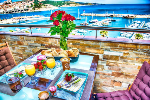 Holiday rental in Banyuls-sur-Mer with sea view. Terrace with panoramic view of the village, the port and the Mediterranean.