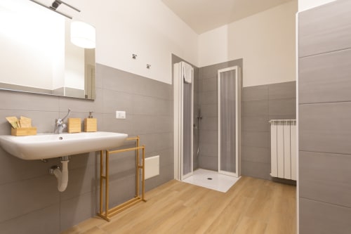 Accessible bathroom at B&B La Camia in Castel di Sangro with walk-in shower, sink, and wooden flooring