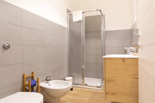 Modern bathroom with shower enclosure, wooden vanity, and bidet at B&B La Camia in Castel di Sangro