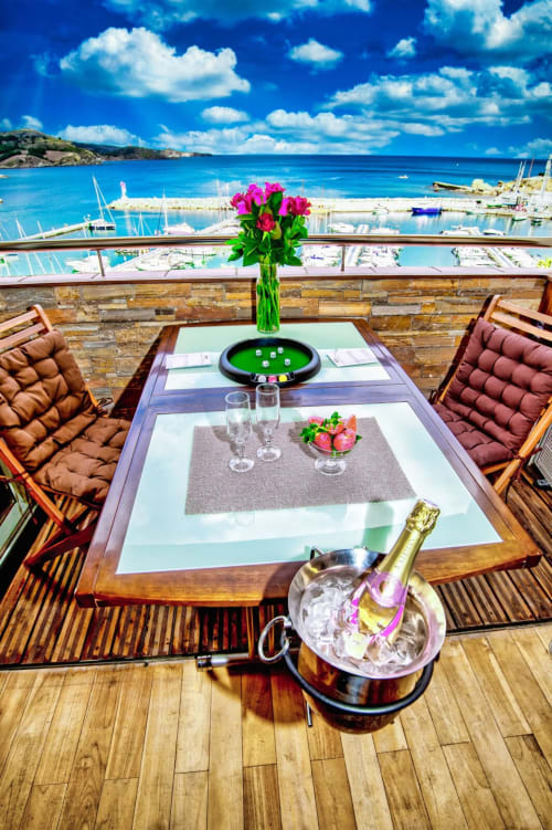 Terrasse luxueuse du B&B Banyuls avec vue mer, fleurs roses, champagne et table de jeux face à la marina