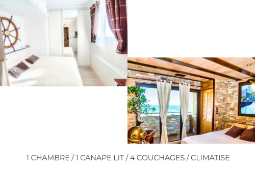 Chambre de luxe avec vue sur mer à Banyuls-sur-Mer : lit, canapé, balcon sur la Méditerranée, 1 chambre, 4 lits, climatisation