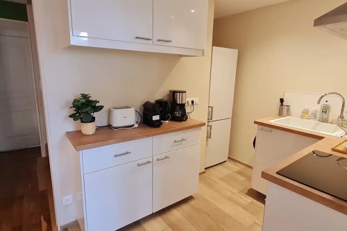 Cuisine moderne à la villa Conciergerie Des Climats, Beaune : mobilier blanc, plan de travail bois et électroménager inox