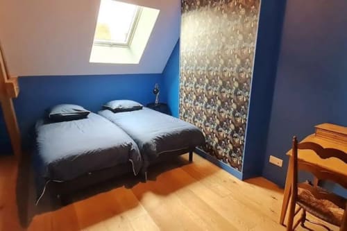 Chambre douillette sous les combles à la Conciergerie Des Climats à Beaune avec lits jumeaux, murs bleus, puits de lumière, parquet et décor floral