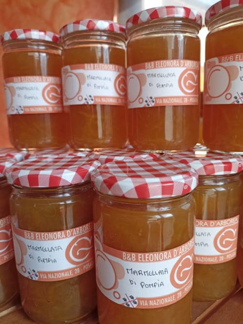 Homemade marmalade jars at B&B Eleonora D'Arborea in Posada, Italy with red checkered cloth lids