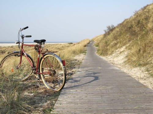 Vélo rouge sur une passerelle en bois traversant les dunes et l'oyat à Biscarrosse, France