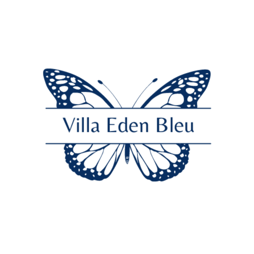 Logo Villa Eden Bleu : papillon bleu aux ailes minutieusement ornées et nom de l'hôtel, Biscarrosse