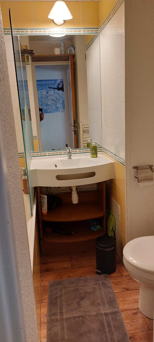 Salle de bain avec lavabo blanc, miroir, rangements en bois et toilettes à l'appartement CMD Méribel Le Pralin aux Allues, France