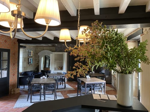 Élégant salon du Moulin De La Chevrière B&B à Saché avec lustres en laiton, poutres sombres et plantes en pot