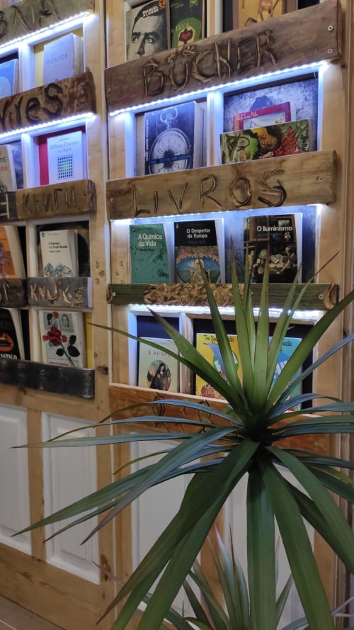 Estante de madeira com iluminação azul neon, planta verde e livros portugueses no Kindnessmoon Alojamentos em Óbidos