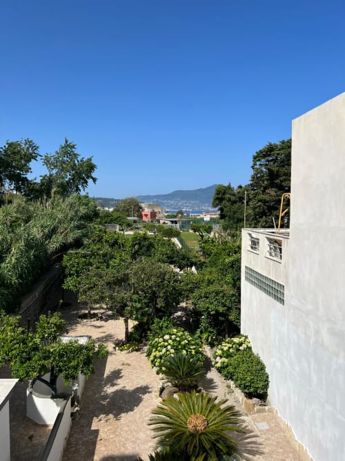 Giardino interno di Palazzo Porta a Procida con piante mediterranee e vista sul mare