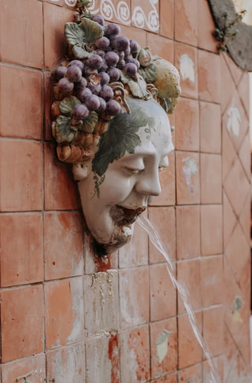 Mascherina decorativa in terracotta con corona di grappoli d'uva, elemento acquatico a Palazzo Porta, Procida