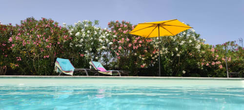 Piscine au calme avec transats et parasols colorés dans le jardin du Rêve d’Alice, chambres d’hôtes dans le Gers.