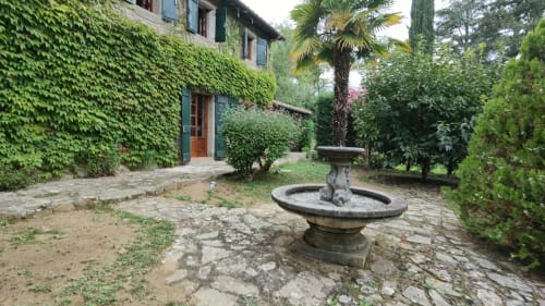 Ivy-covered Italian villa courtyard with stone fountain and palm tree, Villa Italia Management