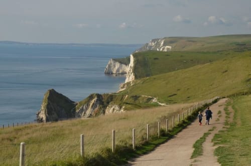 Scenic coastal cliffs and green fields near Blandford Forum with walking path and sea views
